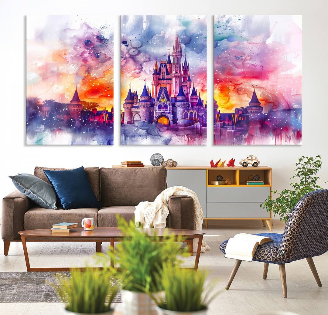 A vibrant piece of wall art depicting the Cinderella Castle from Disneyland, presented as a watercolor painting on premium canvas, is displayed.