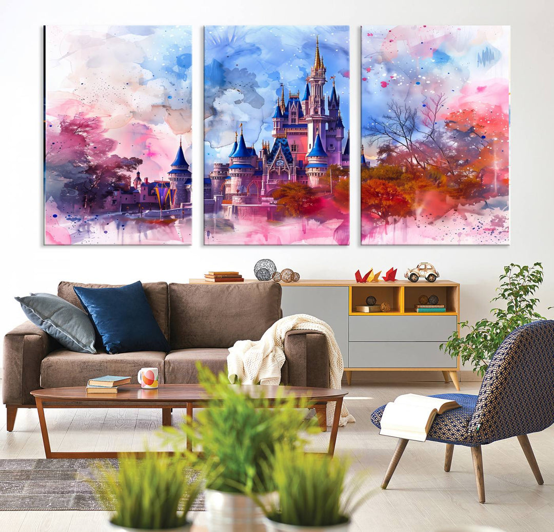 The Disney Wall Art: Dreamy Watercolor Cinderella Castle Canvas Print features a fairy-tale castle with vibrant pink, blue, and purple hues. Expertly handmade in the USA, this premium canvas wall art adds a touch of enchantment to any room.