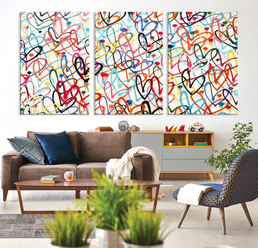 The "Colorful Love Canvas print," featuring vibrant abstract street art with overlapping loops, is handmade in the USA.