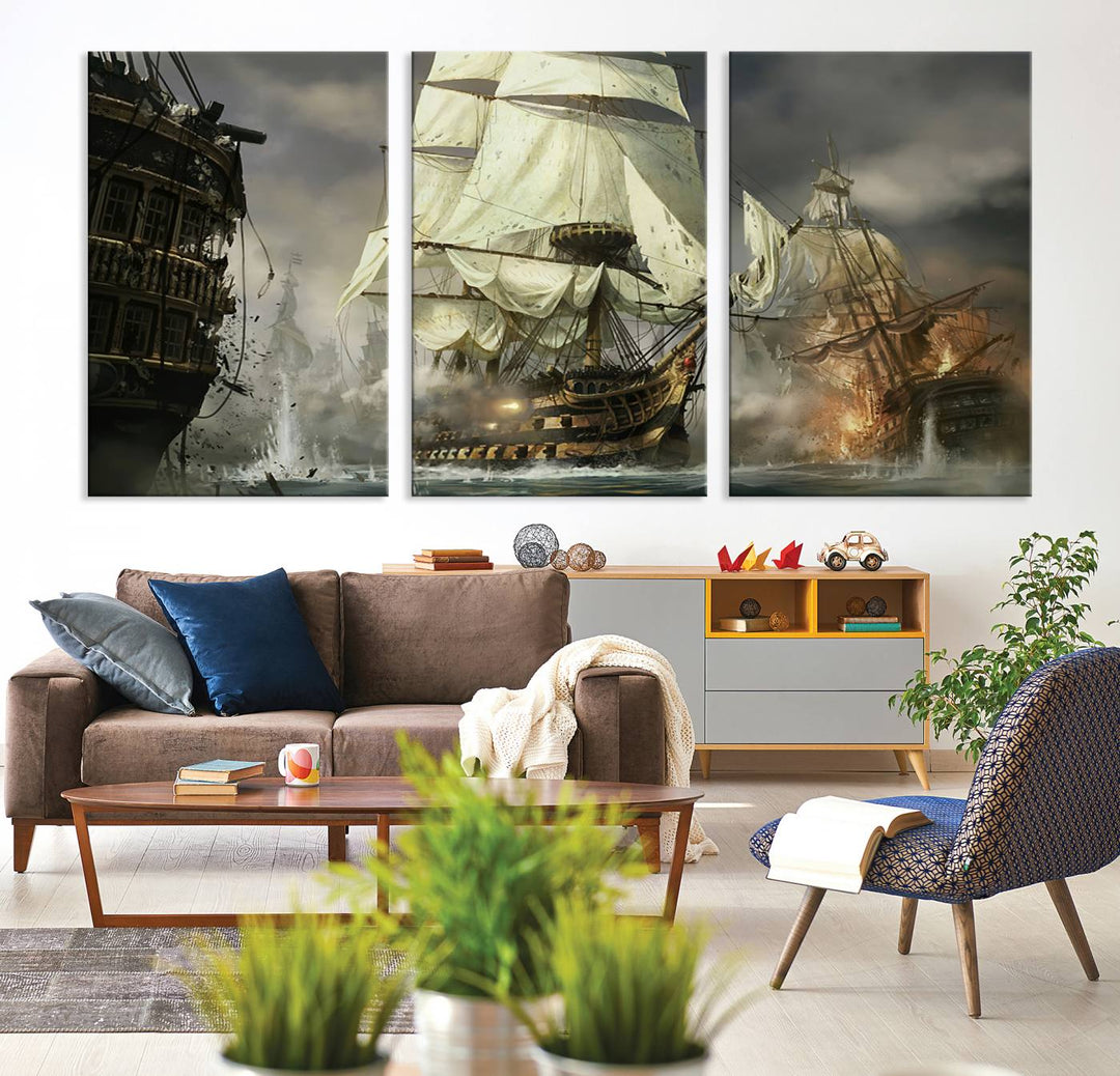 The Pirate Ship War Wall Art Canvas Print, featuring a stunning three-panel depiction of an intense sea battle with tall ships, boasts a gallery-quality finish that adds an elegant touch to its display.