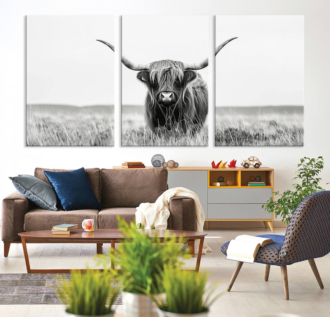 The living room is enhanced by a stunning three-panel Longhorn Wall Art Canvas Print. This museum-quality piece of Texas Longhorn Art comes on a gallery-wrapped canvas with a UV-protective coating to keep it vibrant under everyday light exposure.