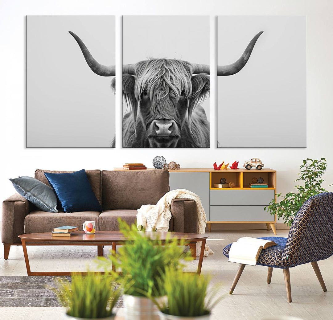 A triptych titled "Farmhouse Longhorn Wall Art Canvas Print, Longhorn Texas Wall Art Canvas Print," rendered in a gallery-quality finish, hangs prominently on the wall.