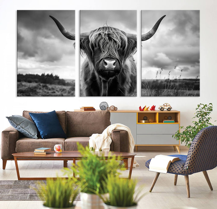 A stunning gallery-quality piece, the "Scottish Cow Wall Art Canvas Print | Longhorn Wall Art | Bighorn Animal Wall Art," depicts a Highland cow with long horns and shaggy fur. This captivating wall art elegantly enhances the space.