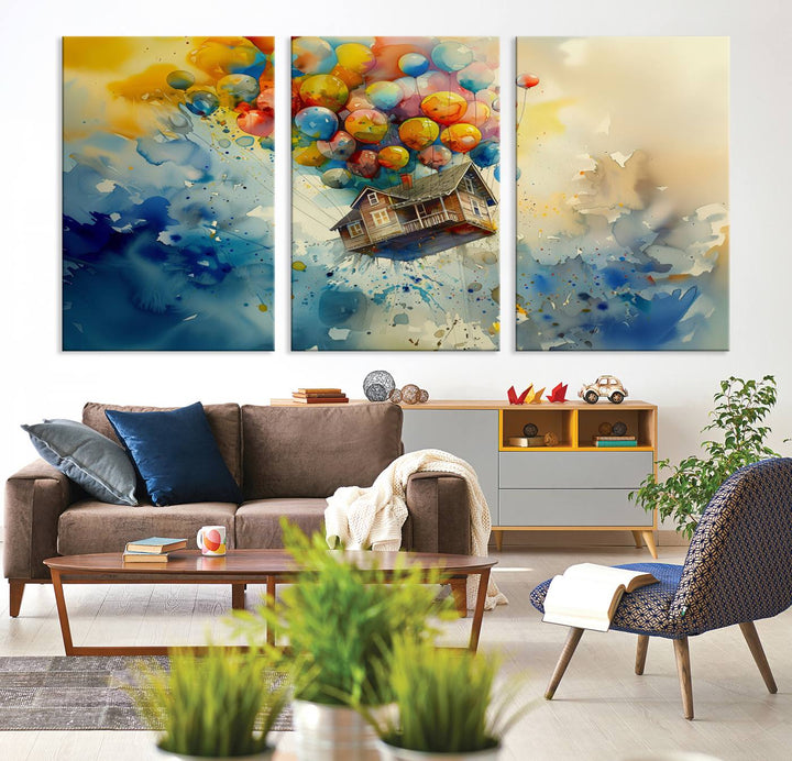 The Cartoon Movie Wall Art Canvas Print, featuring a vibrant house lifted by balloons and split across three panels, serves as captivating wall art. Handmade in the USA, it adds charm and whimsy to any space.