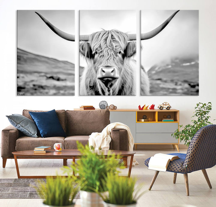 A "Scottish Cow Wall Art Canvas Print" with a gallery-quality finish hangs prominently.