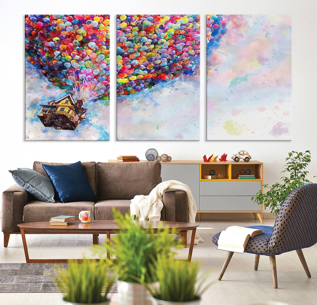 The "Watercolor Cartoon Movie Balloons Canvas Print" is showcased, depicting a whimsical house being lifted by colorful balloons. This triptych wall art is crafted on museum-quality canvases with a UV-protective coating to maintain its vibrant colors, making it ready to hang in any room.