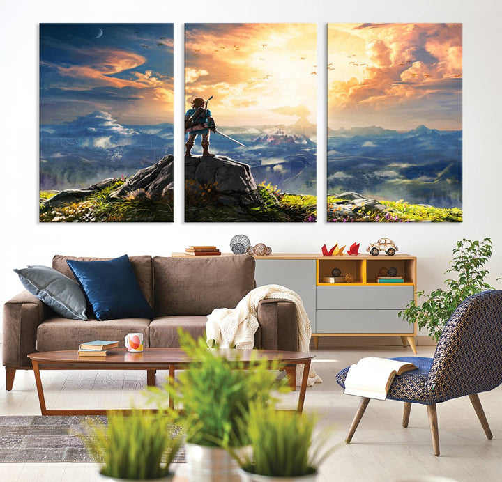 The Legend of Zelda Breath of the Wild Game Wall Art Canvas Print showcases a fantasy landscape with a character on a cliff, all rendered in gallery-quality finish on premium canvas.