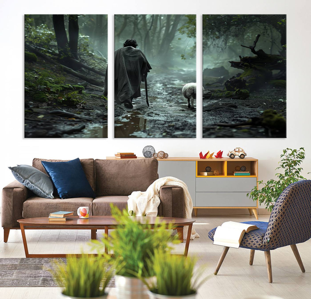 The "Forest Jesus Shepherd Canvas Wall Art" features a person with a cane, clothed in a cloak, walking beside a sheep through a misty forest. This piece captures tranquility and is ideal for adding serenity to your living room, office, or bedroom decor.