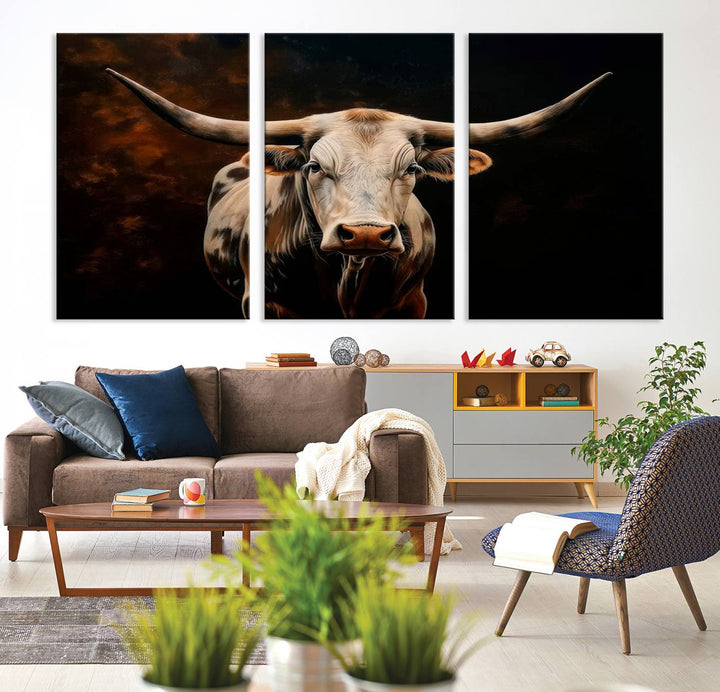 The Texas Longhorn Wall Art, a 3-panel large canvas print, infuses the room with a dash of cowboy charm.