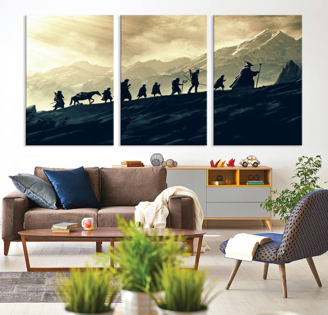 A canvas print titled "Lord of the Rings Silhouette Wall Art Capturing the Epic Quest Through Middle-Earth - The Fellowship's Journey" is displayed.