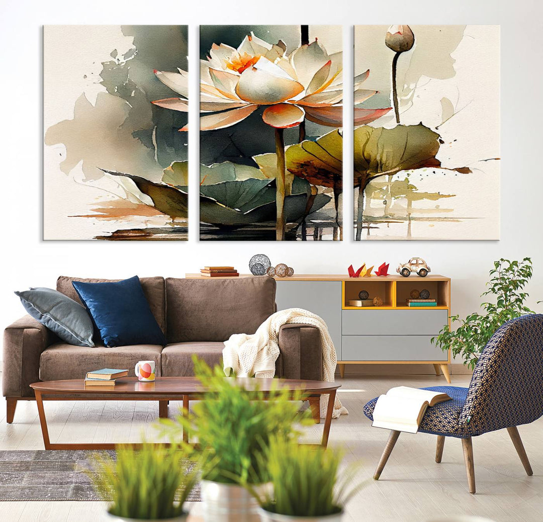 The Lotus Flower Watercolor Canvas Print, a contemporary wall art piece symbolizing serenity and growth with its soft watercolors, adorns the wall.