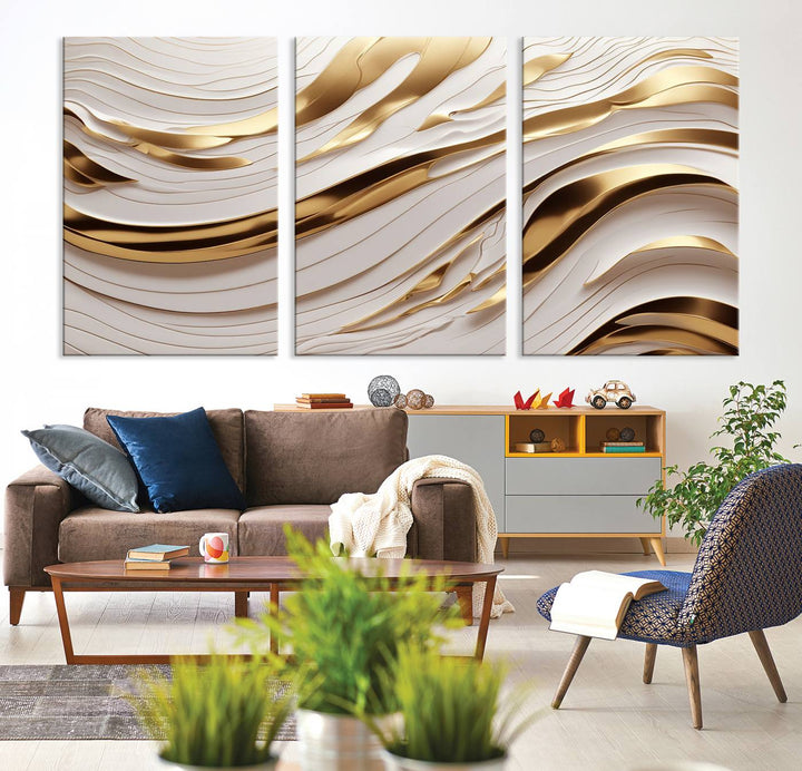 The "Gold and White Abstract Wave Canvas – Elegant Flowing Design with Luxurious Golden Accents" beautifully enhances the area and creates a stunning focal point in the room.