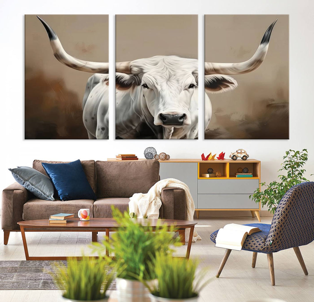 Texas Longhorn Canvas Wall Art features a triptych design on premium canvas with a gallery-quality finish.