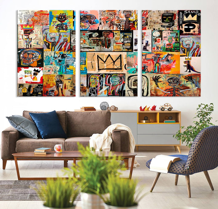 A vibrant Basquiat Art Collage Wall Art Canvas Print in an urban graffiti style adds a modern artistic flair.