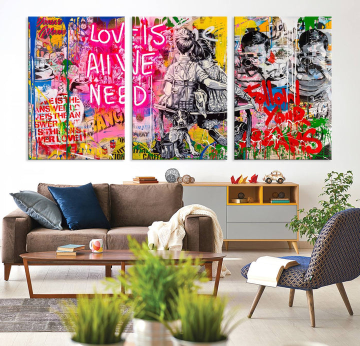 A vivid display of the "Follow Your Dreams & Love is All We Need" graffiti street art energizes a modern room with its three-panel arrangement. This bold giclee canvas print infuses any contemporary space with dynamic flair.