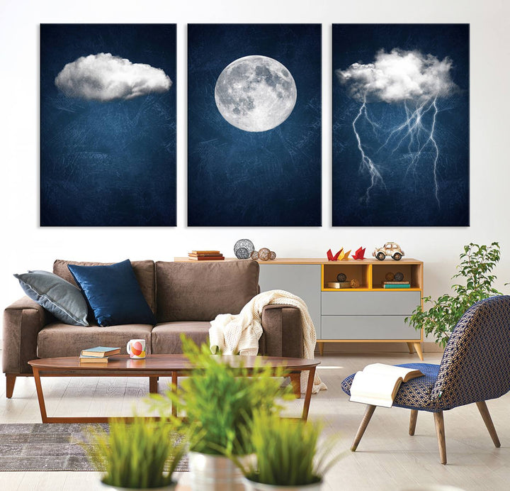 The Dark Blue Cloud Art collection features a triptych of cloud, moon, and lightning on an indigo blue background. This aesthetic surreal art is showcased on museum-quality canvas with UV-protective coating, and each piece is ready to hang immediately.