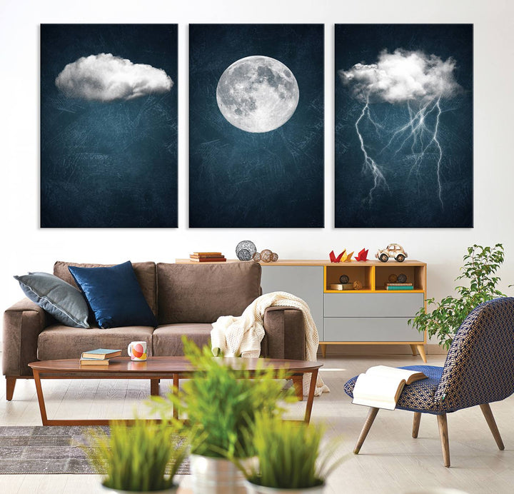 The "3 Piece Indigo Cloud Wall Art, Thunderstorm Moon Cloud Artworks" on museum-quality canvas with UV-protective coating is prominently displayed.