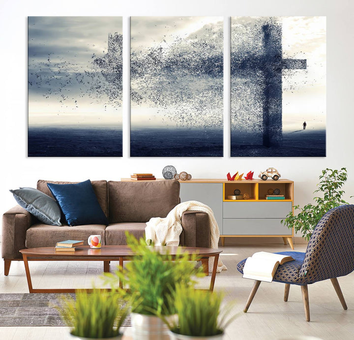 The "Jesus and the Fading Cross – Symbol of Faith" framed canvas print beautifully depicts a cross formed by birds against a moody sky above an ocean. This piece of Christian wall art infuses spirituality into the minimalist space.