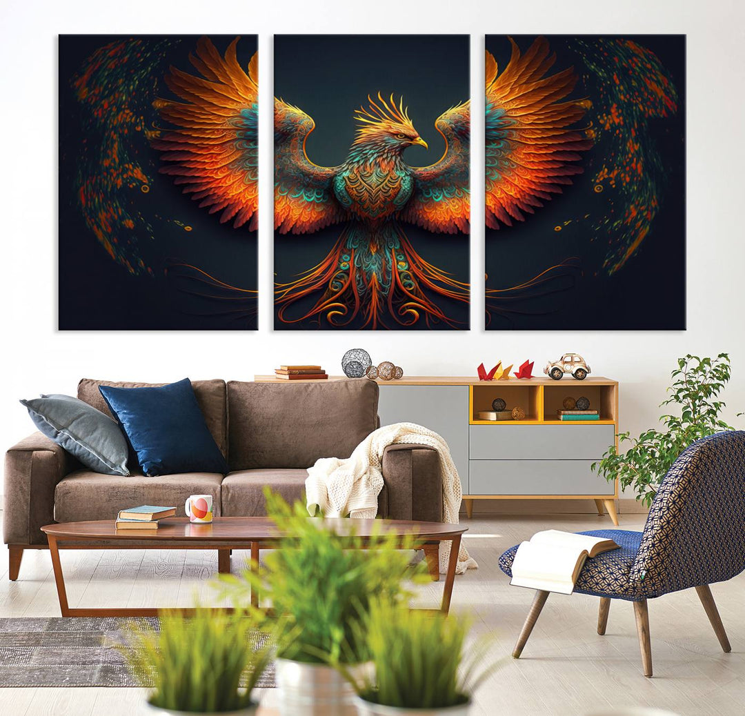 The Majestic Phoenix Wall Art Canvas Set, a fiery symbol of rebirth and strength, graces the wall.