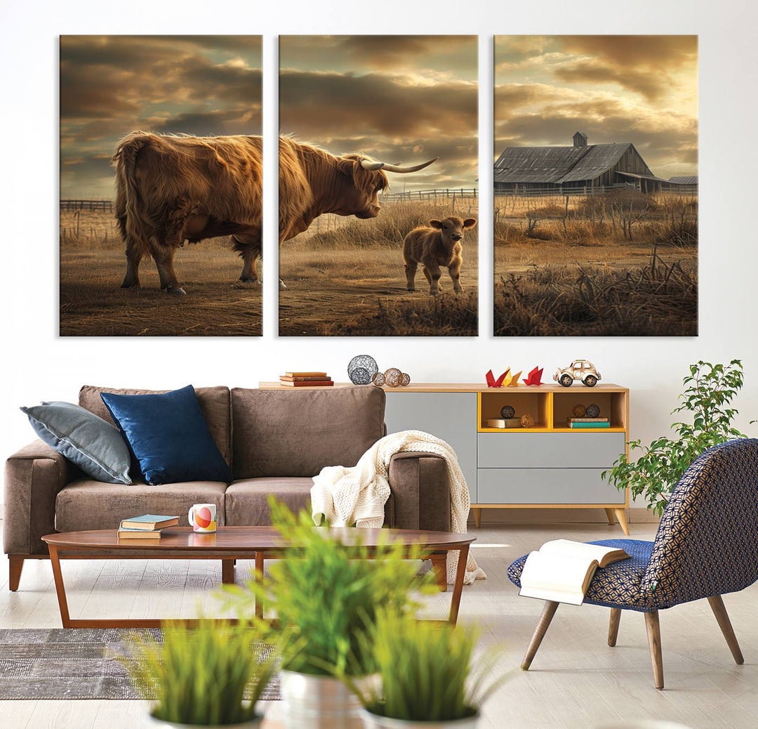 The living room features the "Highland Cow Canvas Wall Art Animal Print Pictures Fluffy Cattle Art," which captures a cow and calf in a rural sunset scene, adding gallery-quality charm.