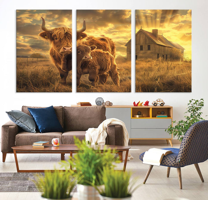 The room features the Barn and Highland Cow Canvas Wall Art Animal Print, a three-panel canvas depicting cows in a sunset field with a rustic barn backdrop. This handmade piece brings charm and character with its gallery-quality finish.