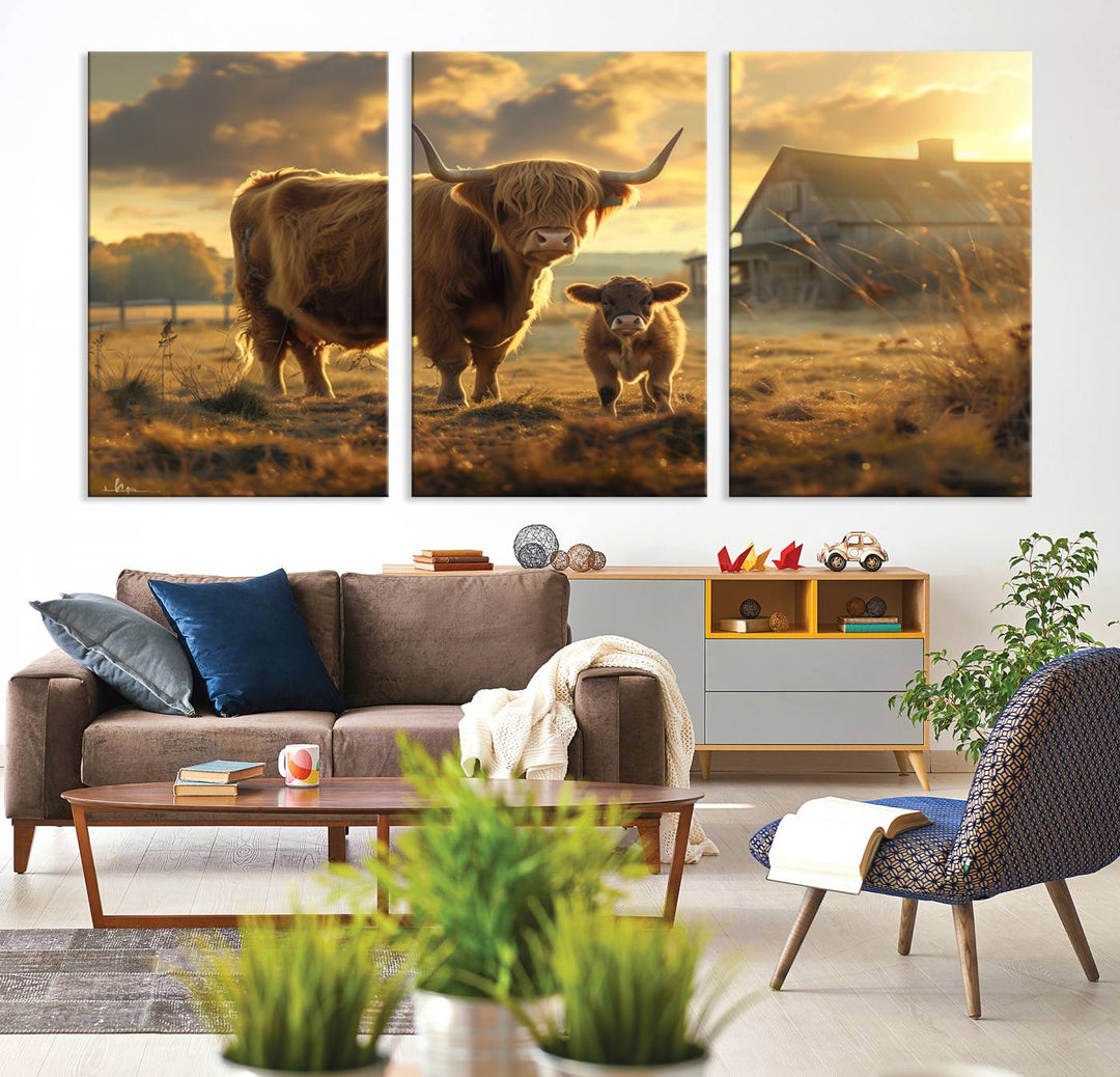 The "Highland Baby Cow Canvas Wall Art Animal Print" triptych art piece showcases a cow and calf in a sunlit field with a barn in the background.