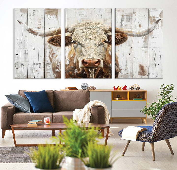 The dimly lit room is enhanced with Western charm by the Rustic Longhorn Bull Wall Art Canvas Set—Western-Inspired Farmhouse Décor, elegantly displayed on the wall.