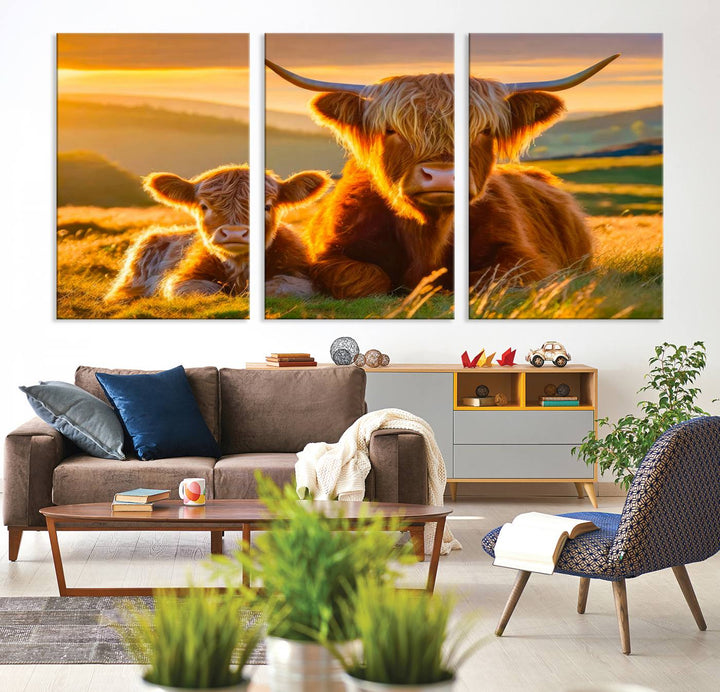 The living room showcases a gallery-quality finish with the Scottish Cow and Baby Cow Canvas Wall Art, featuring a charming animal print of fluffy cattle as the centerpiece. This stunning piece is displayed on premium canvas, creating an inviting atmosphere.