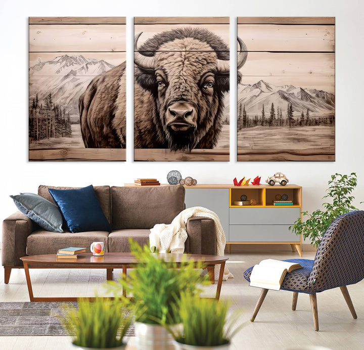 A stunning triptych artwork from the "Bison Canvas Wall Art American Buffalo Print Rustic Decor for Farmhouse Wall Art" collection graces the modern living room. Its vibrant colors are enhanced by museum-quality canvas and a UV-protective coating. The gallery-wrapped piece adds elegance to the space.