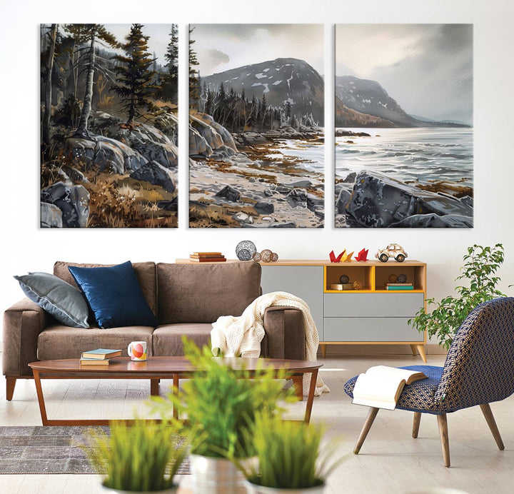 The stunning Serene Coastal View of Acadia National Park is a 3-panel wall art canvas print that beautifully captures a tranquil mountain and lake scene.