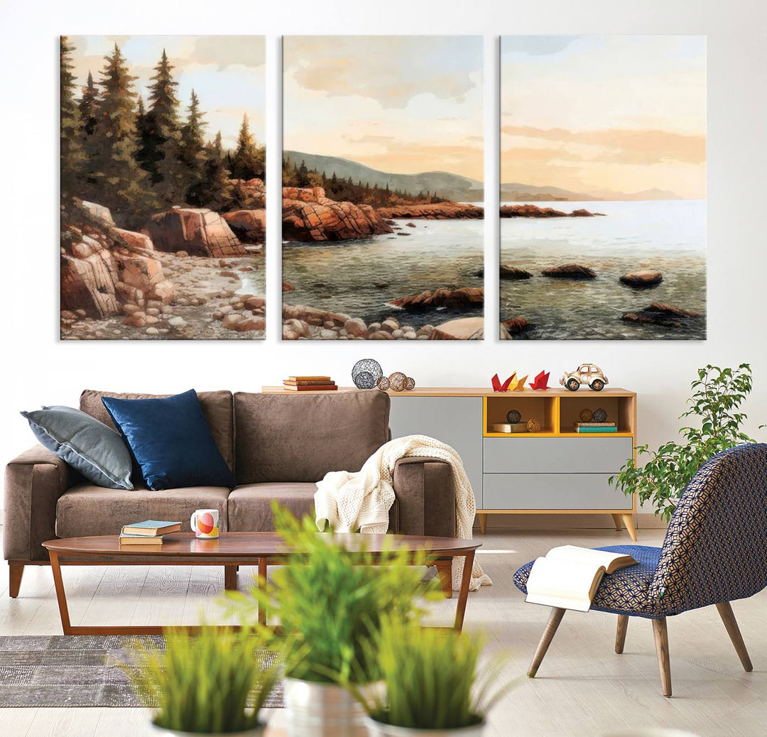 Serene Coastal View of Acadia National Park - Stunning 3-Panel Wall Art Canvas Print, Framed, Ready to Hang