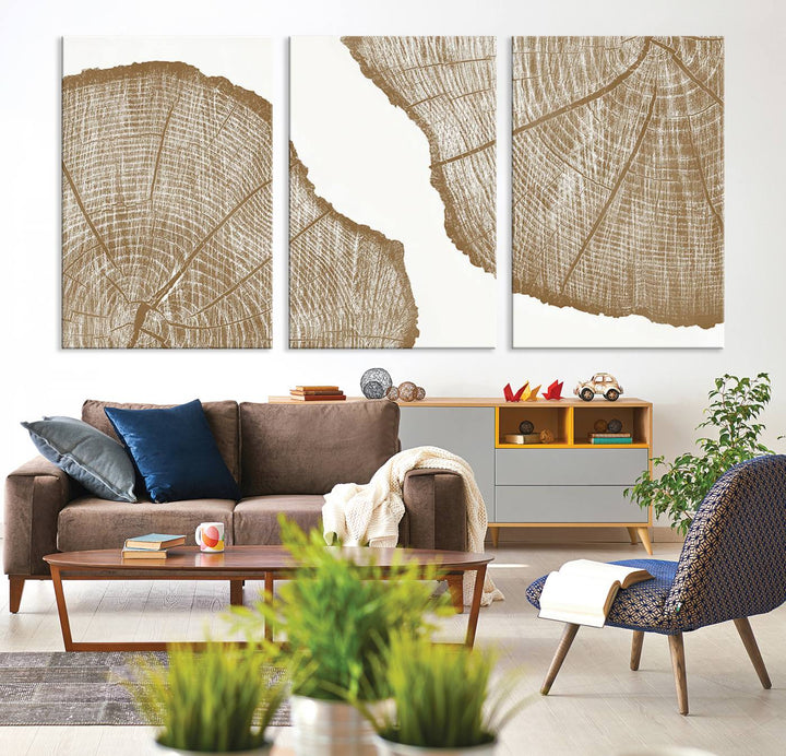 The "Rustic Brown Tree Ring Wall Art Canvas Print" in the living room adds an elegant, nature-inspired touch to the space.