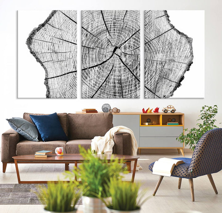 At the center of the cozy living room, a stunning Rustic Tree Ring Wall Art Canvas Print serves as the focal point, creating a harmonious vibe.