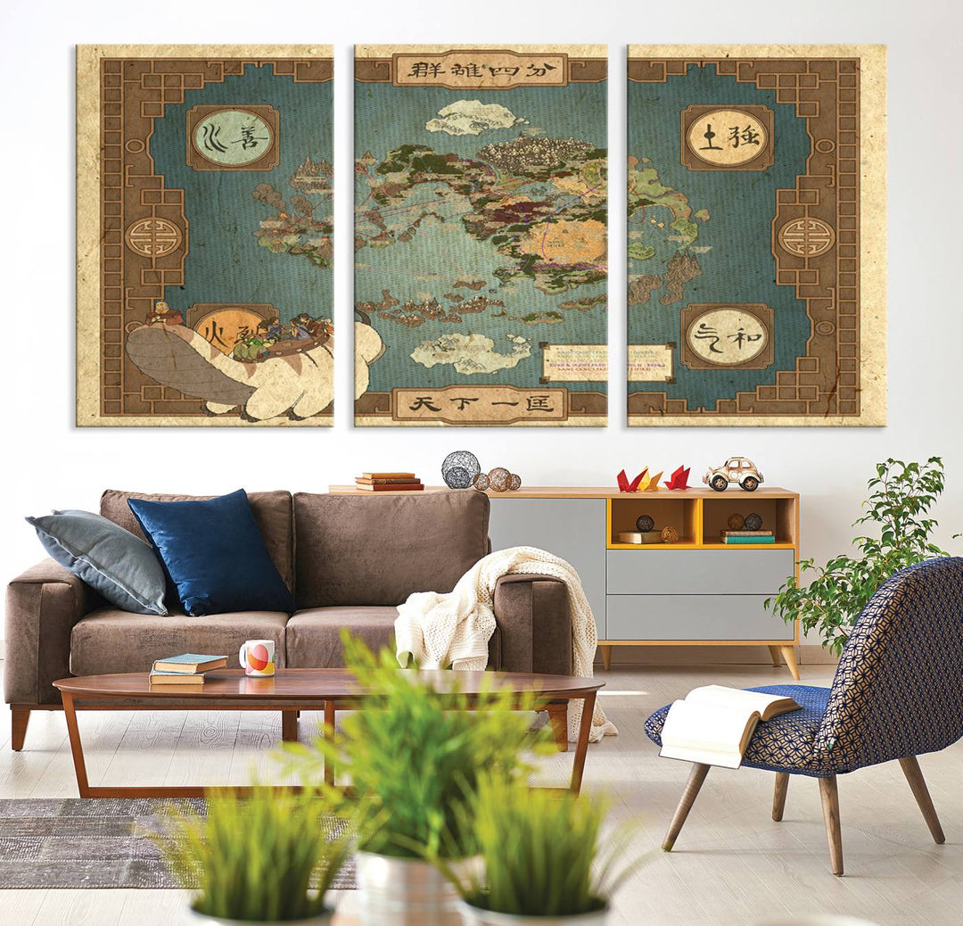 Hanging above is the Avatar: The Last Airbender Vintage Map - Wall Art Canvas Print, framed and ready to hang, showcasing an enchanting glimpse into the iconic four nations design.