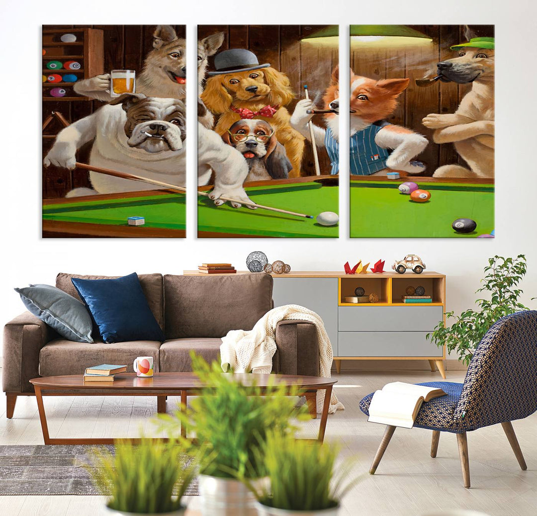 The "Dogs Playing Pool Canvas Wall Art" features a whimsical scene of dogs dressed as humans playing pool in a bar, presented as a three-panel display with a gallery-quality finish.