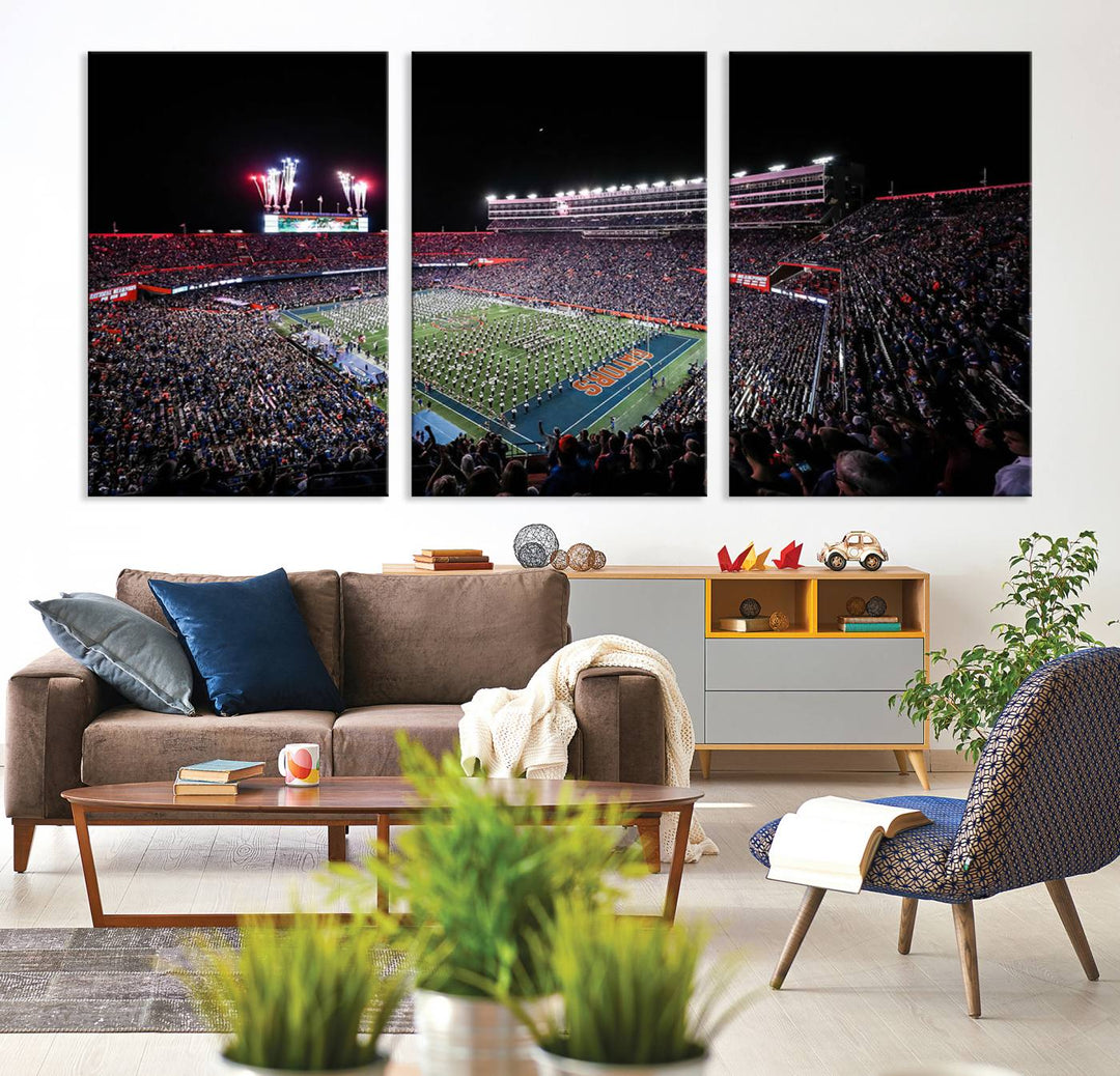 Ben Hill Griffin Stadium Night Game Triple Canvas Wall Art - Florida Gators Football Match