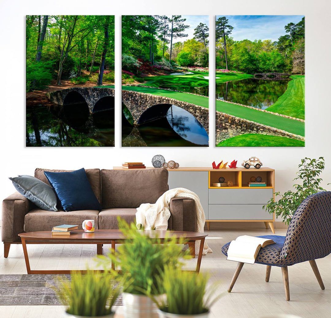 Augusta National Golf Club Wall Art - Panoramic Bridge & Lush Greenery – Premium Framed, Ready-to-Hang Triptych Canvas