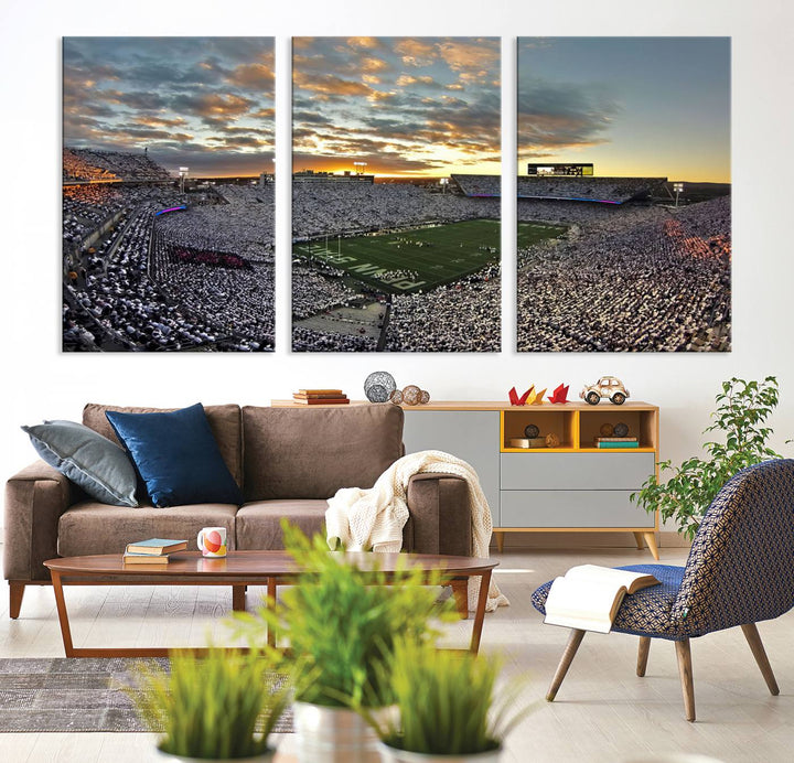 Beaver Stadium Sunset Triple Canvas Wall Art - Penn State Nittany Lions Football Match