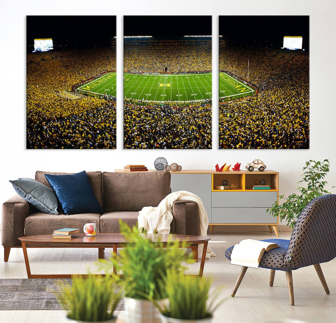 Michigan Wolverines Football Team Print - Michigan Stadium Night Game Triple Canvas Wall Art - University of Michigan Football Match