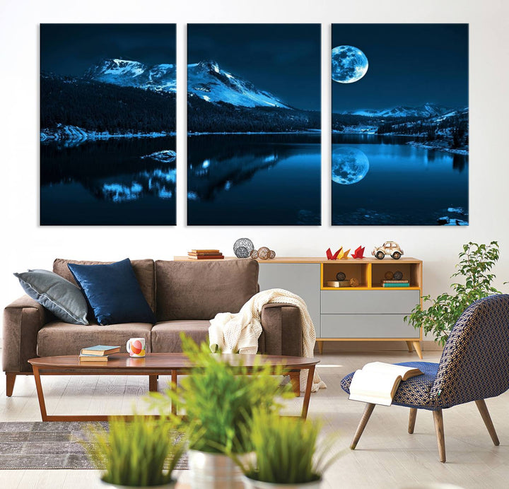 Blue Moon Mountain Lake Landscape Framed Wall Art Canvas Print