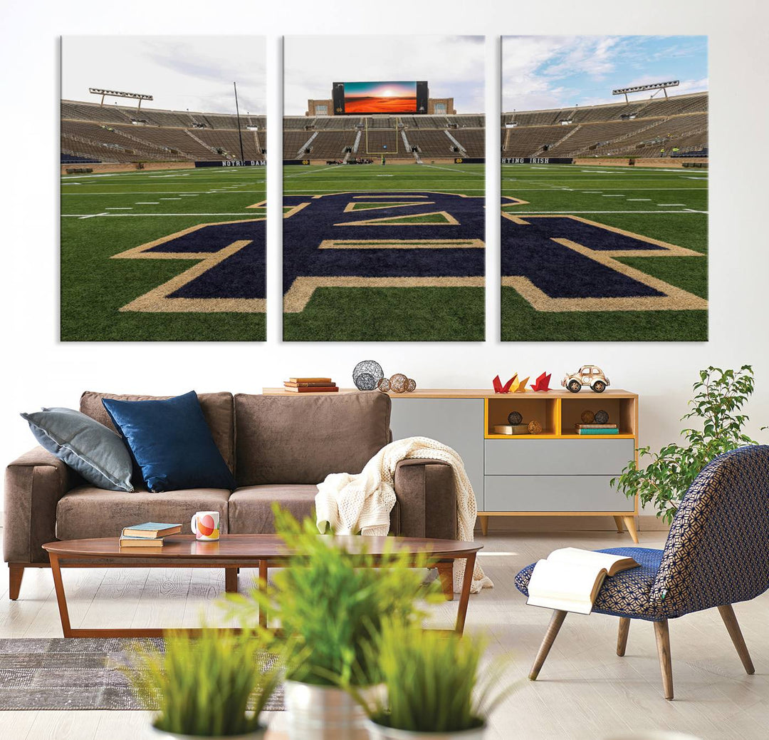 Notre Dame Stadium Giclee Canvas Print | Triptych Wall Art Featuring Iconic Notre Dame Football Field | Ready-to-Hang Sports Stadium Decor