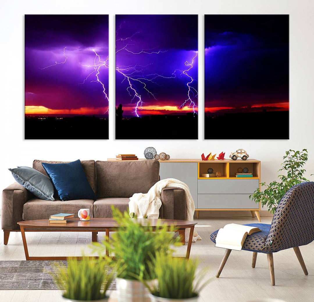 Electrifying Sunset Thunderstorm Canvas Print – Dramatic Lightning and Vibrant Sunset Wall Art