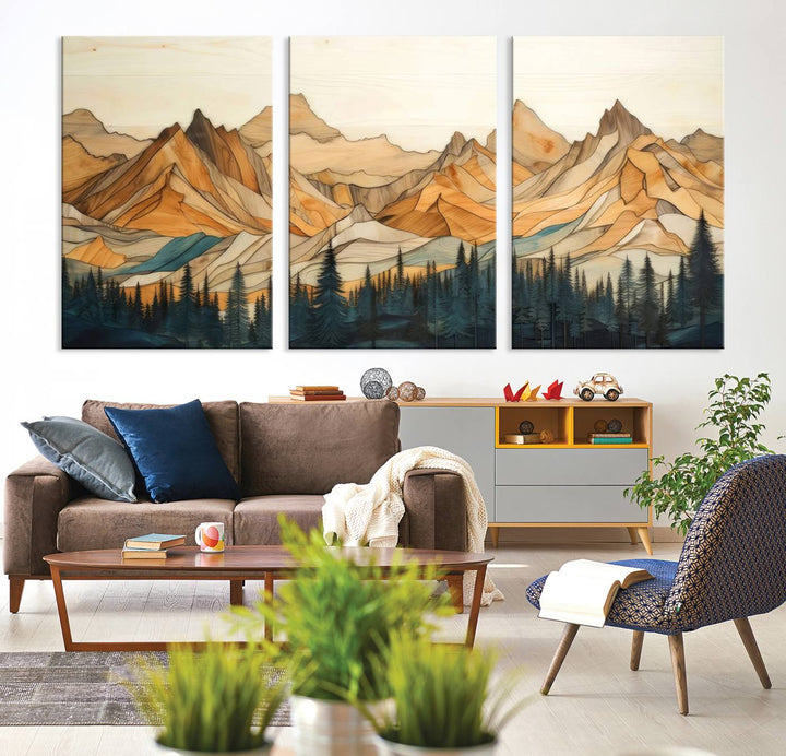 Rustic Wood Style Mountain Wall Art Print | Triptych Giclee Print Featuring Handcrafted Forest and Mountain Range Design | Framed Ready-to-Hang Print