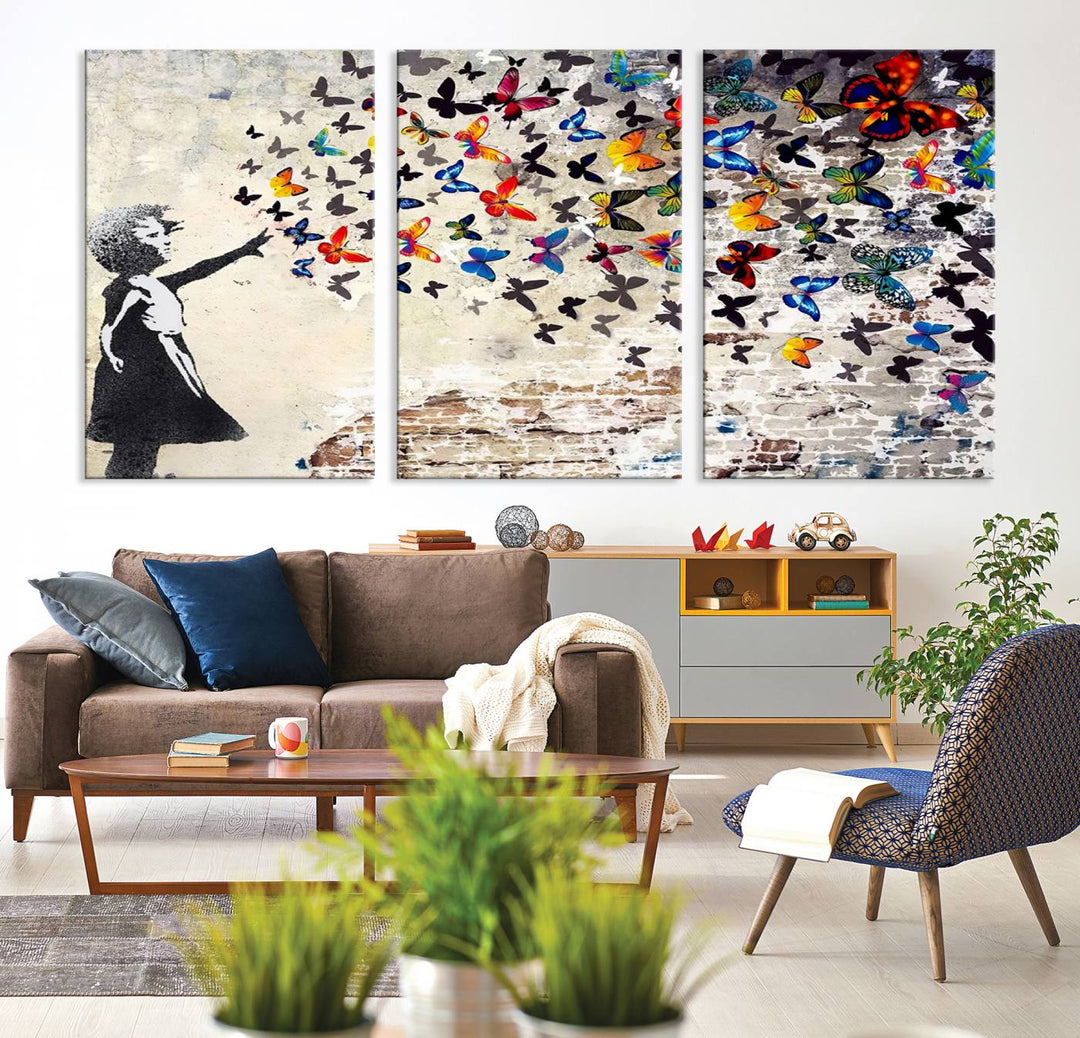 Banksy Style Girl with Butterflies Wall Art - Beautiful Framed Ready-to-Hang Triptych Canvas - Vibrant Butterfly Street Art for Modern Decor