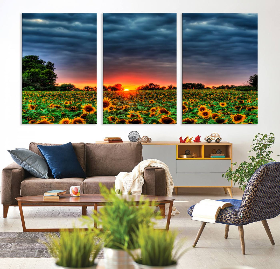 Golden Sunflower Field at Sunset – Breathtaking Sky and Vibrant Flowers, Ready to Hang Wall Art Canvas Print