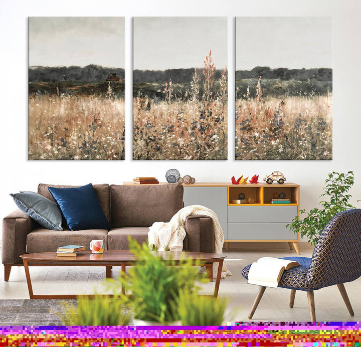 Rustic Field Landscape Triptych, Giclee Canvas Wall Art for Modern Homes, Warm Meadow and Wildflower Art Print, Large Nature Inspired Canvas Print