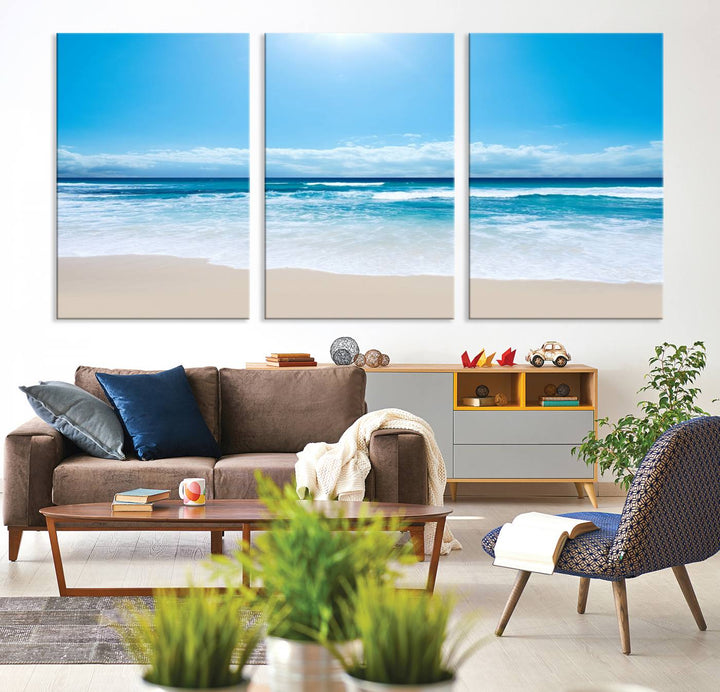 Wall Art Canvas Print Shiny Blue Sea and Beach