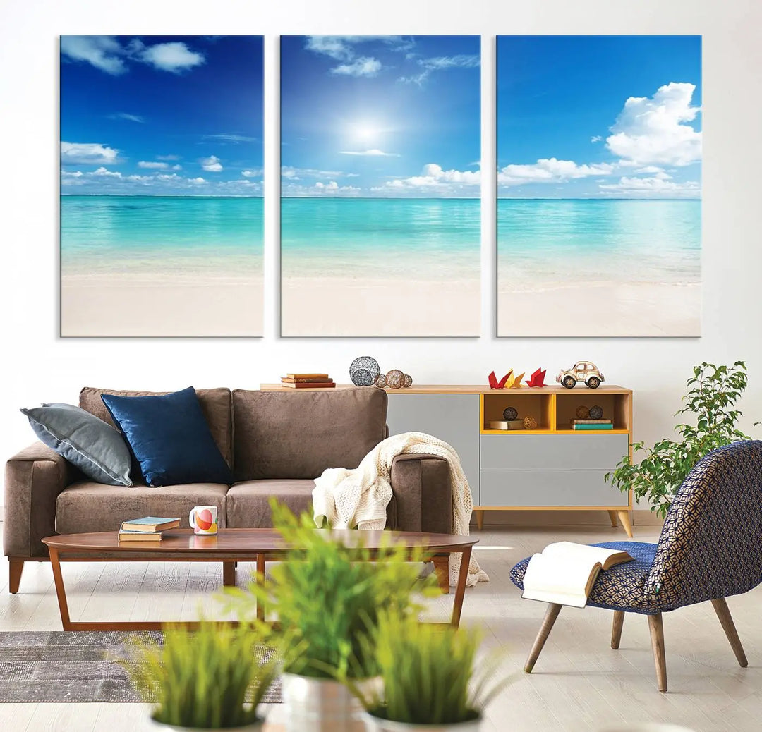 A contemporary living room showcasing the Wall Art Canvas Light Blue Beach and Ocean View.