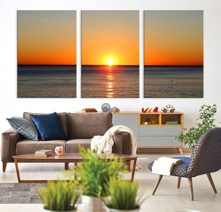 Golden Horizon Sunset Over Ocean Wall Art Canvas Print – Tropical Beach Canvas Wall Art – Giclee Print for Coastal Theme Decor Print