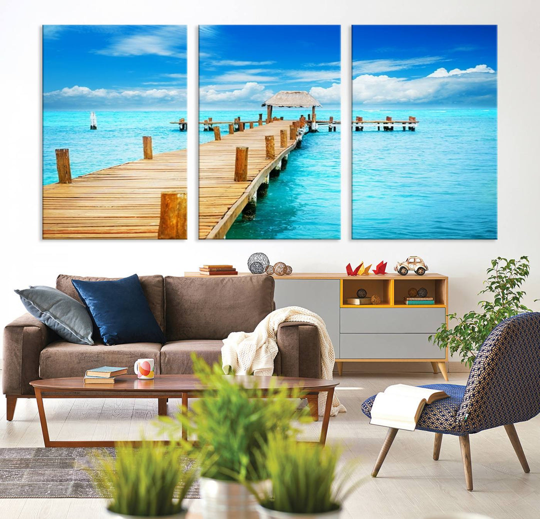 Tropical Pier Triptych Wall Art, Stunning Turquoise Ocean and Wooden Dock Canvas Print, Coastal Beach House Decor, Ocean View Canvas Art